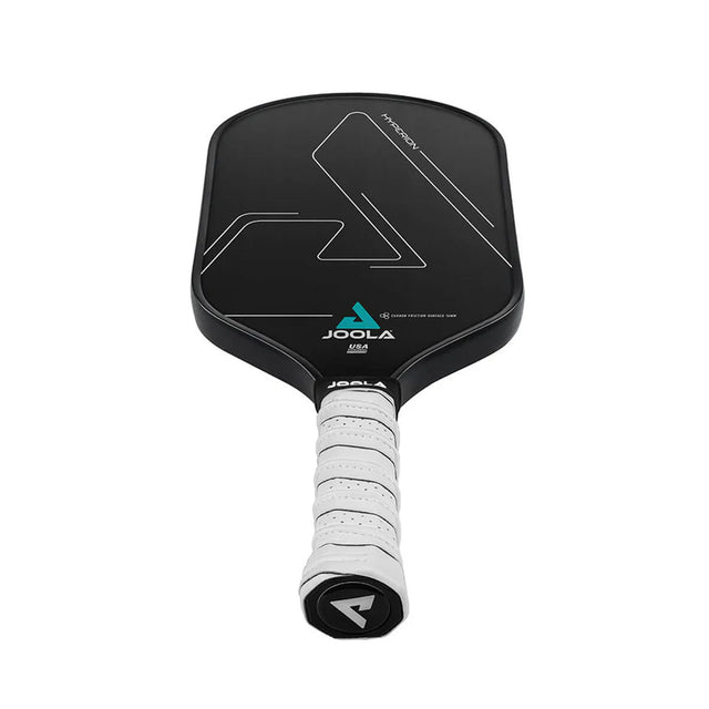 Black pickleball paddle with white grip on a white background