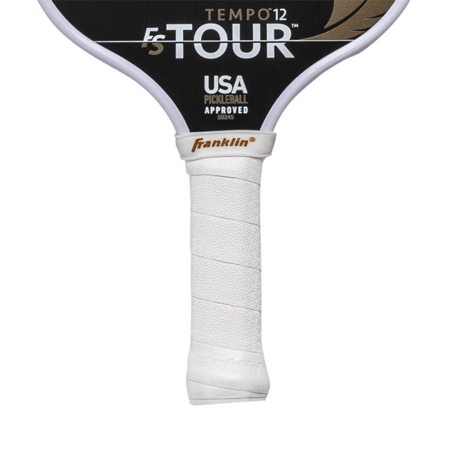 Pickleball paddle with 'Tempo 12 F5 Tour' branding on a white background