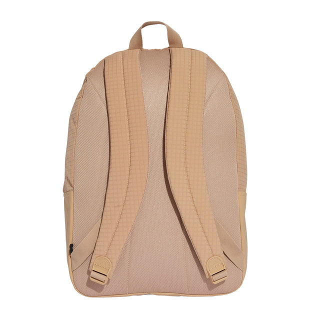 Beige backpack shown from the back on a white background