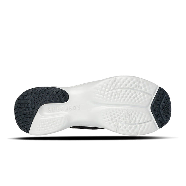White athletic shoe with black sole on a white background
