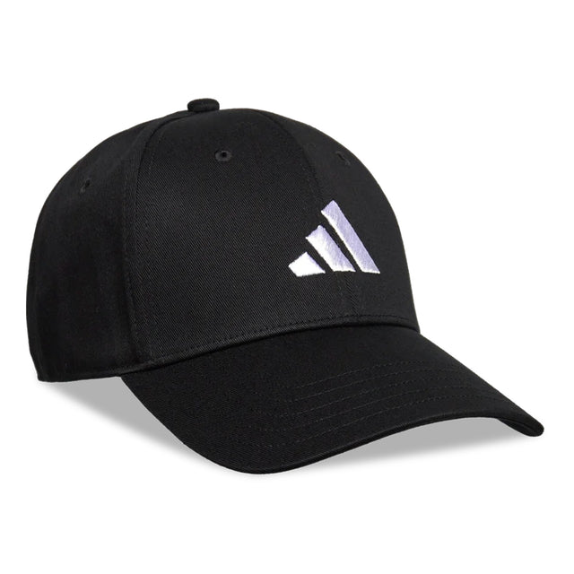 Black cap with a white logo on a white background