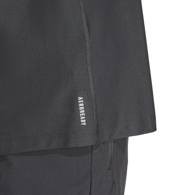Close-up of a black athletic jacket with 'Aeroready' branding on a white background