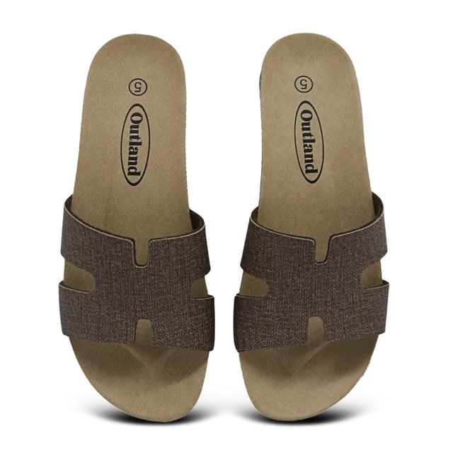Pair of brown sandals with a visible brand logo on a white background