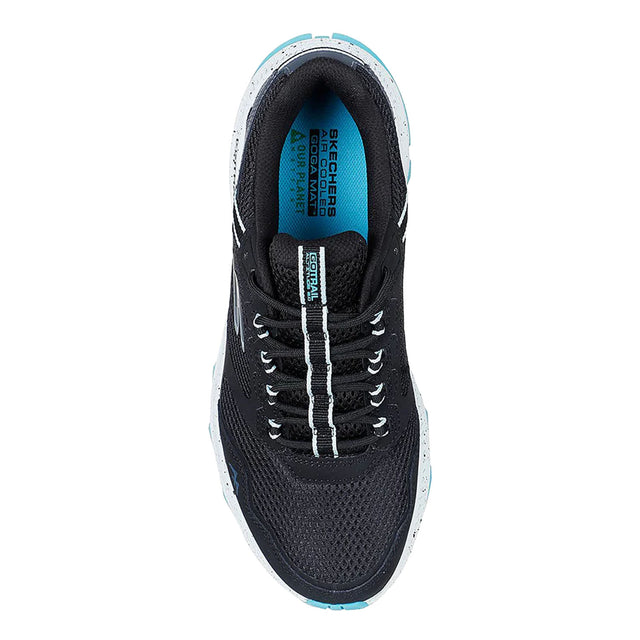 Black athletic shoe with white laces on a white background