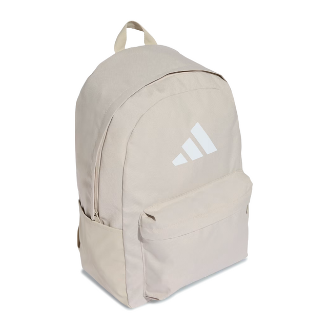 Beige backpack with a white logo on a white background
