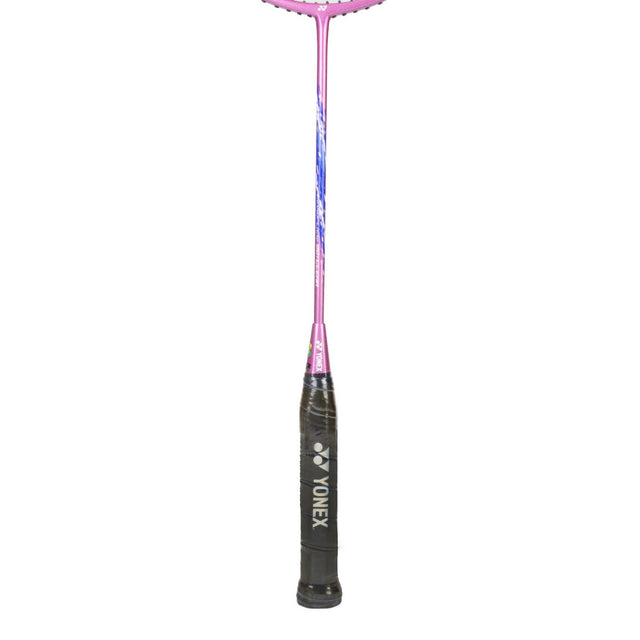 Unstrung Yonex badminton racket with a blue and pink frame, and a black grip.