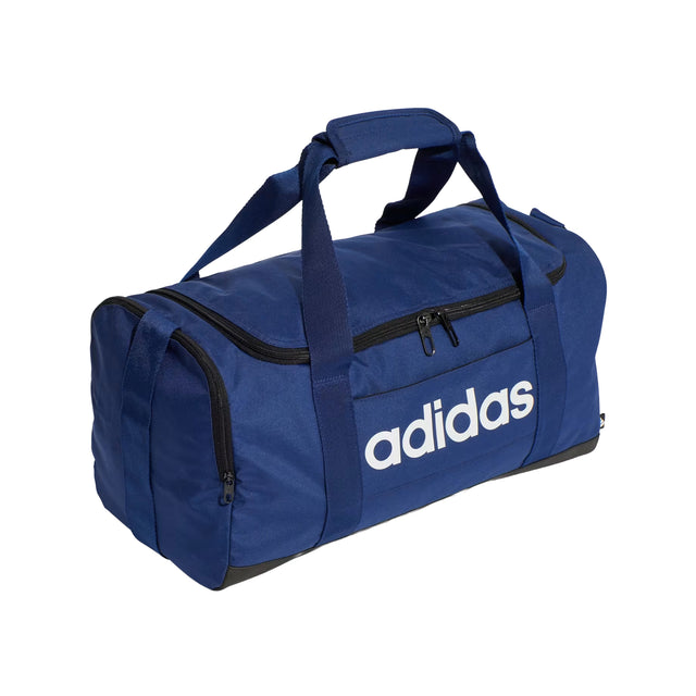 Blue duffel bag with Adidas logo on a white background