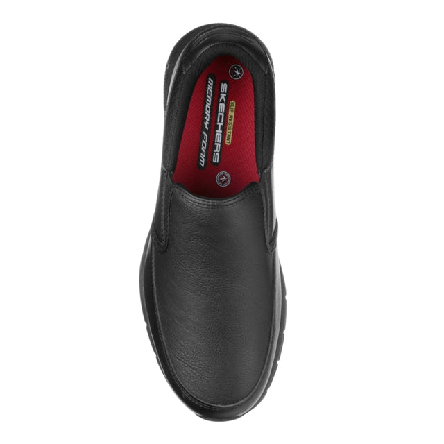 Black slip-on shoe with red lining on a white background