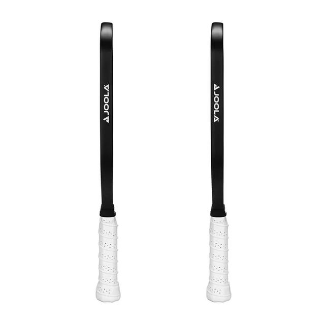 Two black Joola badminton rackets with white handles on a white background