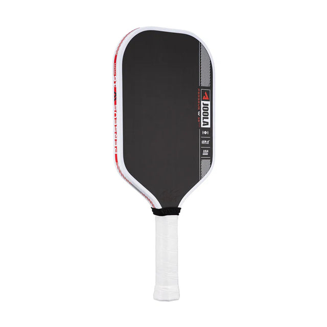 Black pickleball paddle with white accents on a white background