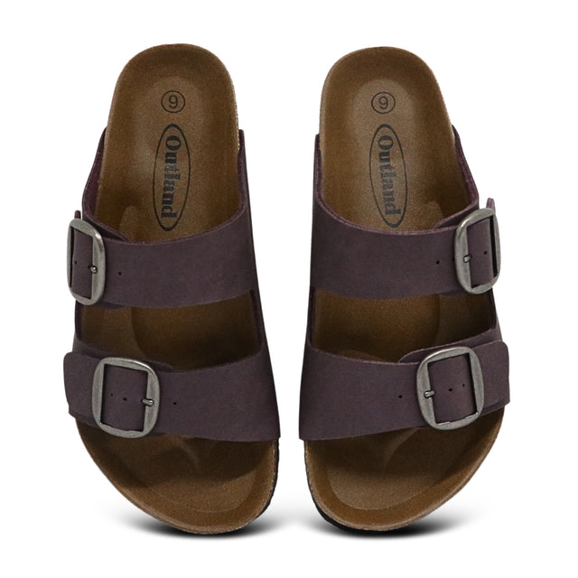 Pair of brown sandals with buckles on a white background