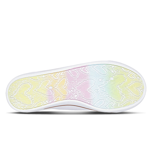 Sneaker sole with colorful tie-dye pattern on a white background