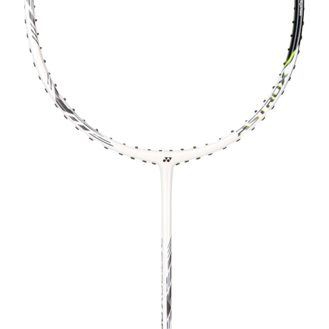 Unstrung Yonex badminton racket with a black grip and a silver frame.