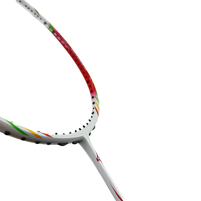 Close-up of a Mizuno Turboblade 587 badminton racket with a white handle and colorful strings on a white background