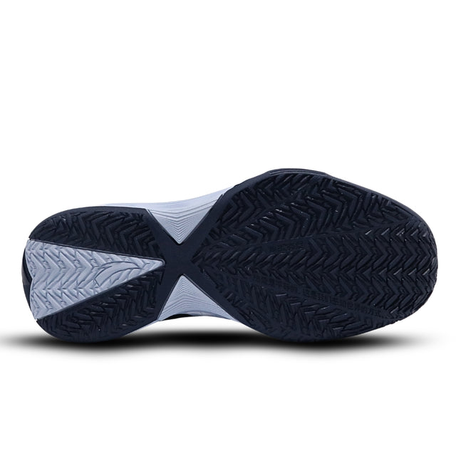 Navy blue and white athletic shoe sole on a white background