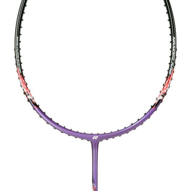 Unstrung Yonex Nanoflare badminton racket with purple, red, and gray colors