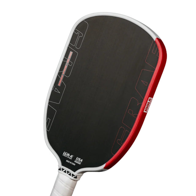 Black and red pickleball paddle on a white background