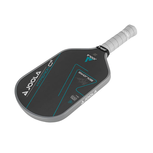 Pickleball paddle with black surface and gray handle on a white background