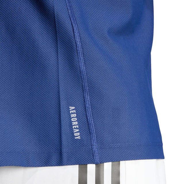 Close-up of blue athletic shorts with 'Aeroready' text and Adidas logo on a white background