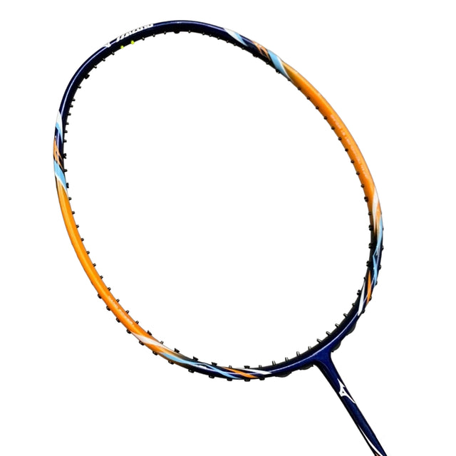 Mizuno Turboblade 587 Badminton racket with orange and blue design on a white background