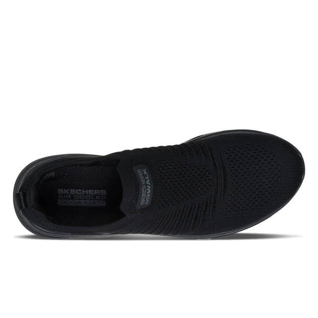 Black slip-on sneaker with 'Skechers' branding on a white background