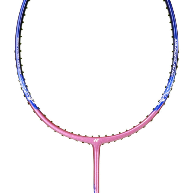 Unstrung Yonex badminton racket with a blue and pink frame, and a black grip.