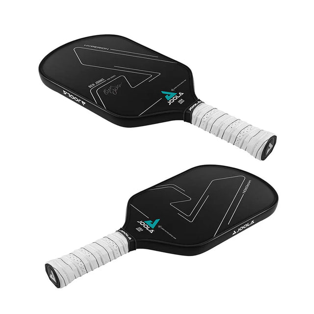 Two black pickleball paddles with white handles on a white background