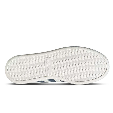 White sneaker sole with Adidas logo and stripes on a white background
