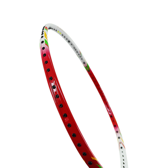 Red and white Mizuno Turboblade 587 badminton racket with colorful design on a white background