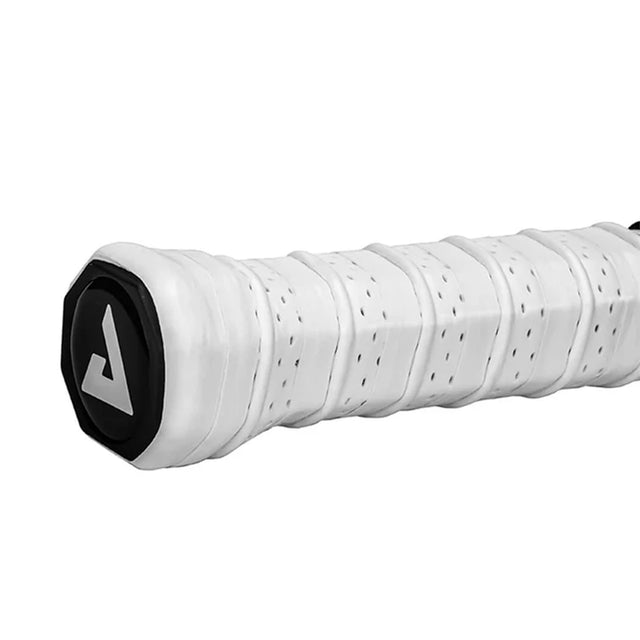 White tennis racket grip with black end on a white background