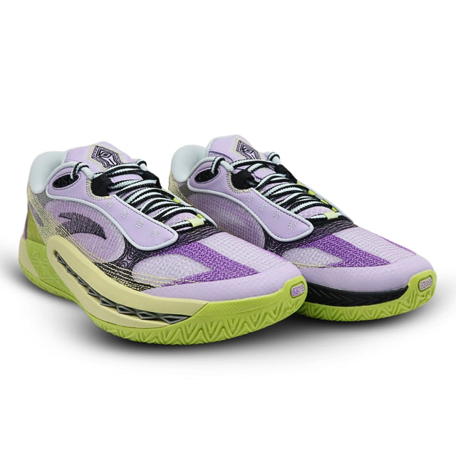 Pair of sports shoes with purple and green design on a white background