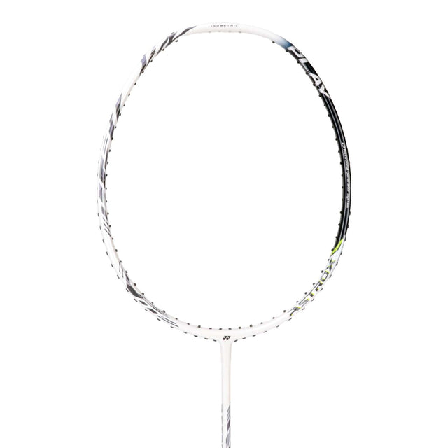 Unstrung Yonex badminton racket with a black grip and a silver frame.