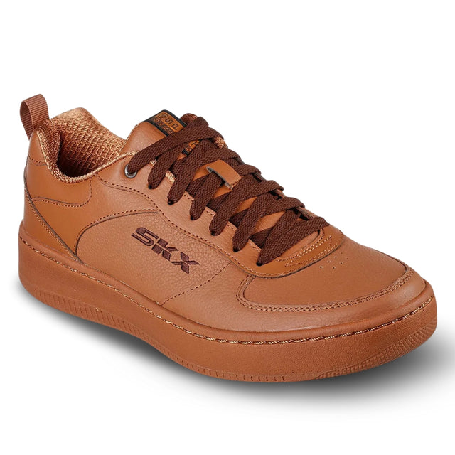 Brown leather sneaker with 'SKX' logo on a white background