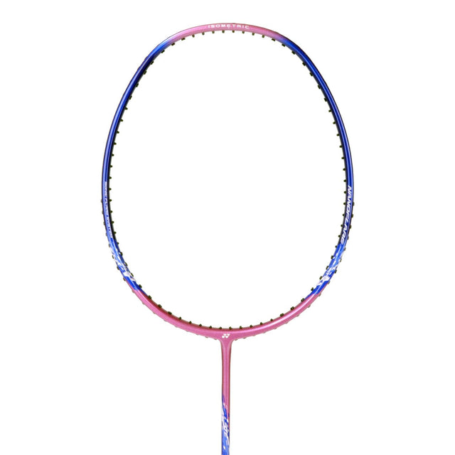 Unstrung Yonex badminton racket with a blue and pink frame, and a black grip.
