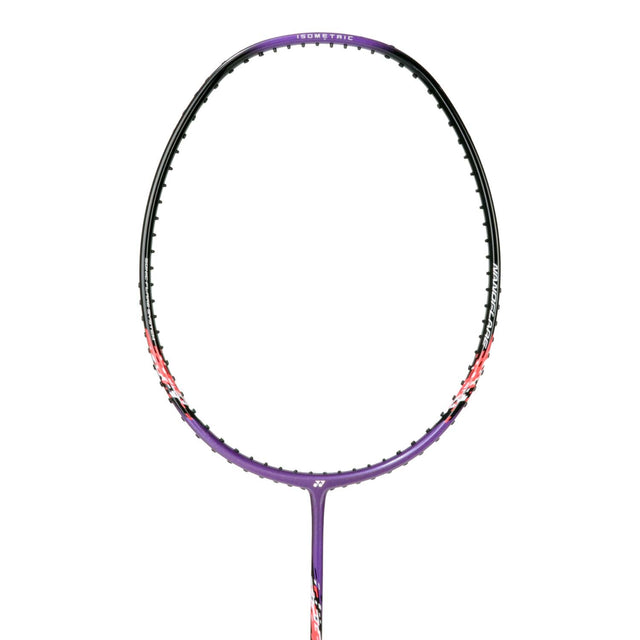 Unstrung Yonex Nanoflare badminton racket with purple, red, and gray colors