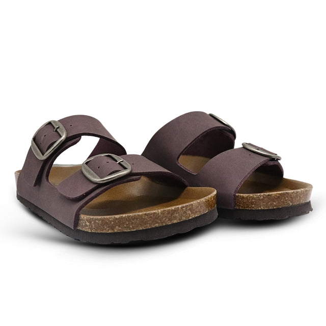 Pair of brown sandals with buckles on a white background
