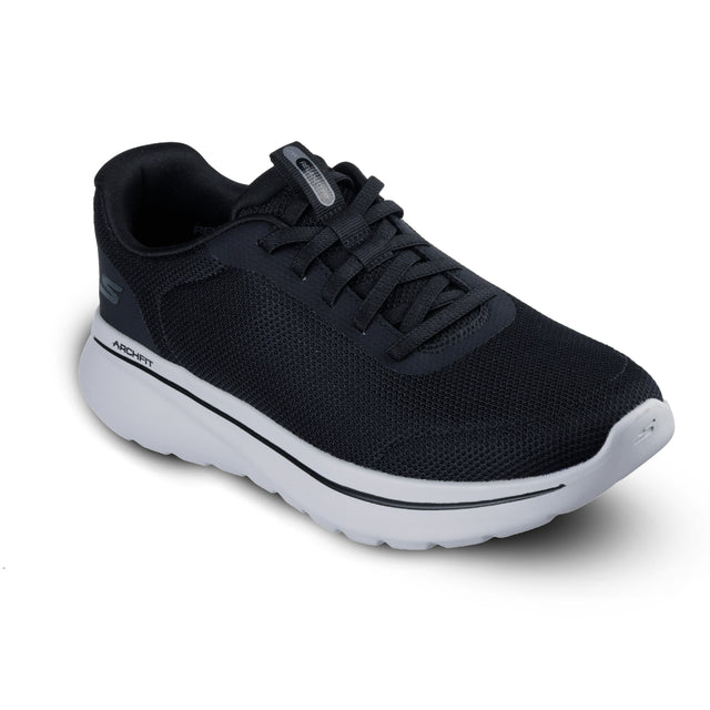 Black running shoe with white sole on a white background