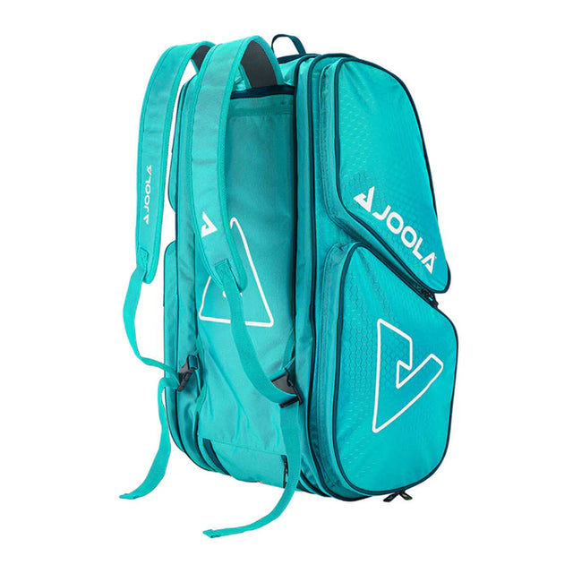 Turquoise tennis bag with Joola logo on a white background