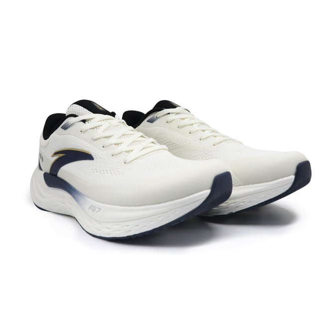 White running shoes with blue accents on a white background