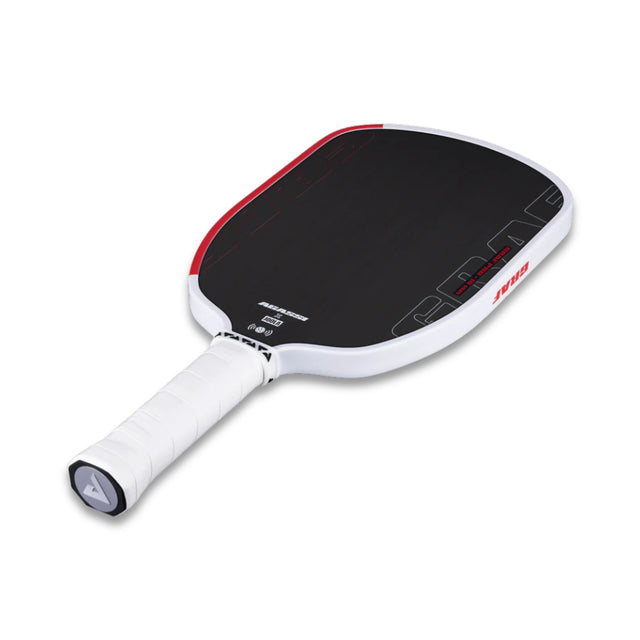 Pickleball paddle with black and red surface on a white background