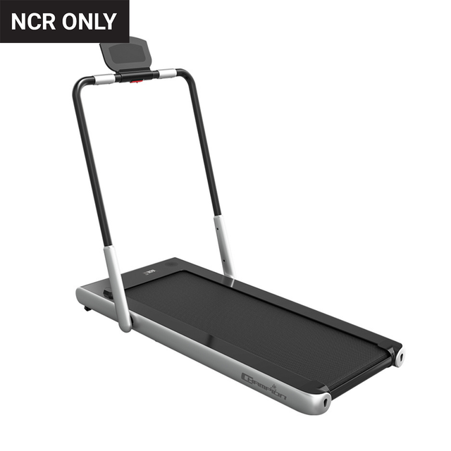 A motorized treadmill with a silver frame, black running belt, and digital tube display, designed for exercise and fitness.