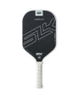 Black pickleball paddle with white text on a white background