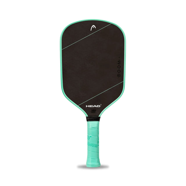 Pickleball paddle with black face and teal handle on a white background