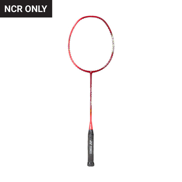 A red Yonex Astrox 01 badminton racket with a black grip, displayed against a white background.
