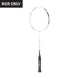 Unstrung Yonex badminton racket with a black grip and a silver frame.