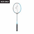 A Mizuno Speedflex 9.1 badminton racket with blue and black color theme, including strings and grip.