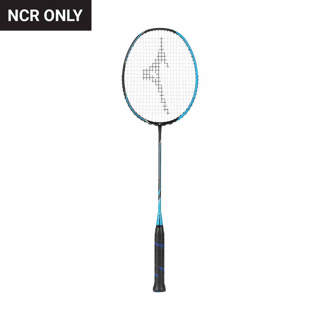 A Mizuno Speedflex 9.1 badminton racket with blue and black color theme, including strings and grip.