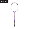 Unstrung Yonex Nanoflare badminton racket with purple, red, and gray colors