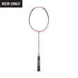 Unstrung Yonex badminton racket with a blue and pink frame, and a black grip.