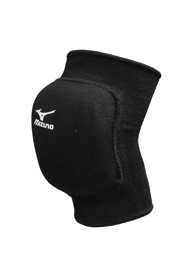 A black Mizuno junior fit knee pad designed for volleyball, providing patella, lateral, and medial protection.